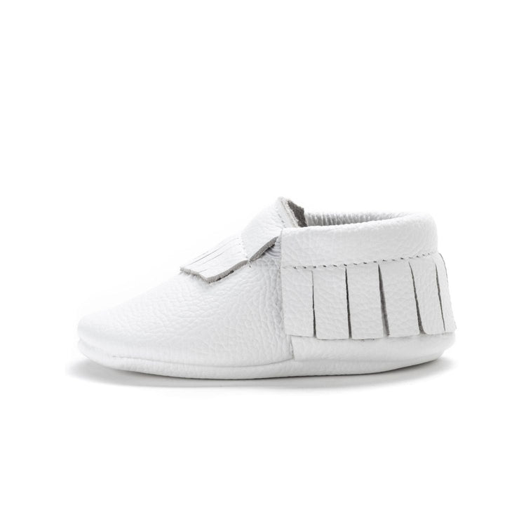 WHITE LEATHER BABY MOCCASINS